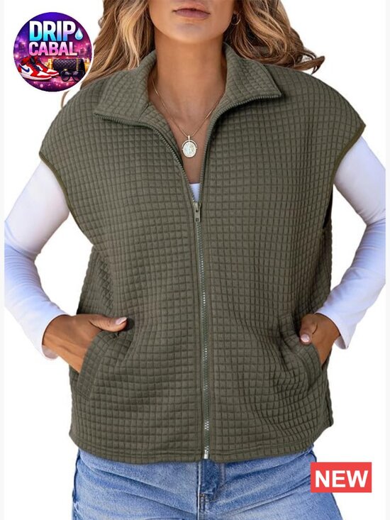 Jackets & Blazers - Zipper Up Cap Sleeve Side Pockets Waffle Knit Sleeveless Oversized Vest